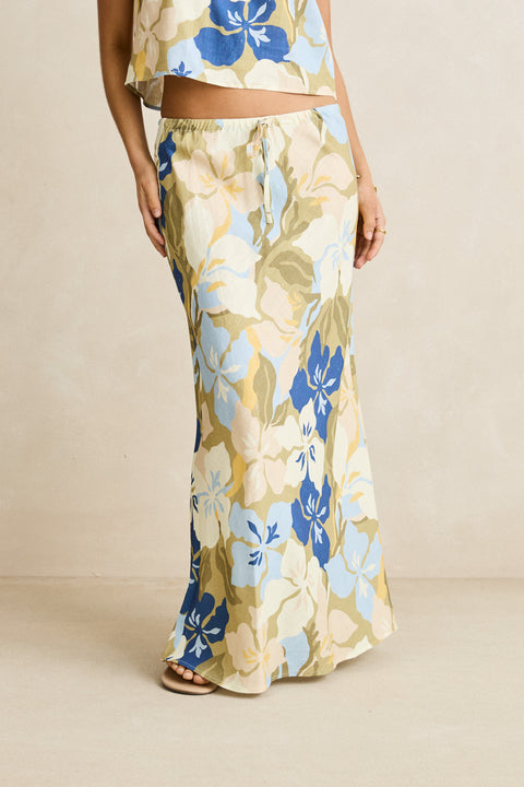 RHYTHM Blanca Floral Bias Cut Maxi Skirt Olive