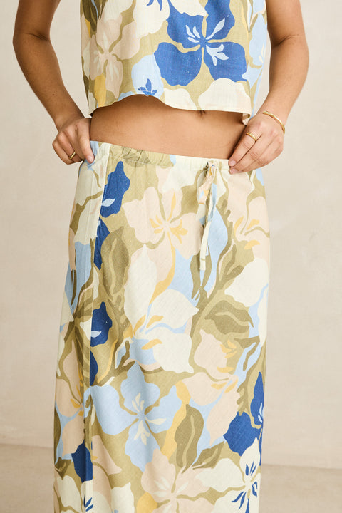 RHYTHM Blanca Floral Bias Cut Maxi Skirt Olive