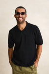 RHYTHM Textured Knit Johnny Polo Black