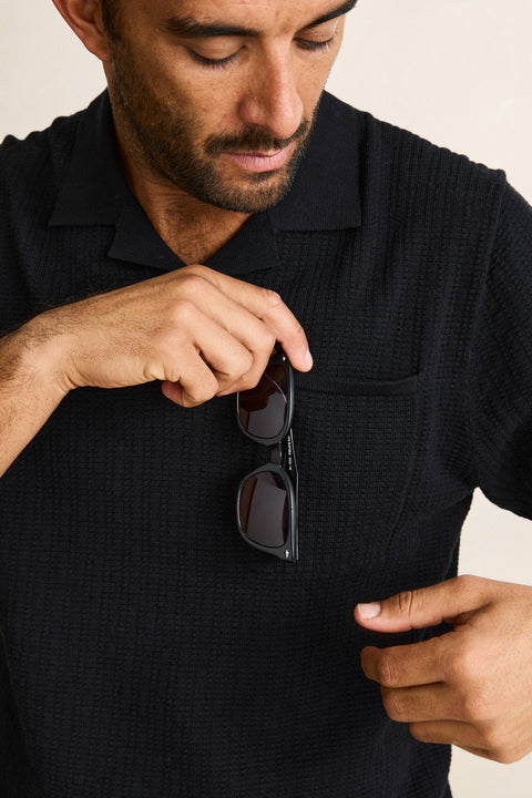 RHYTHM Textured Knit Johnny Polo Black