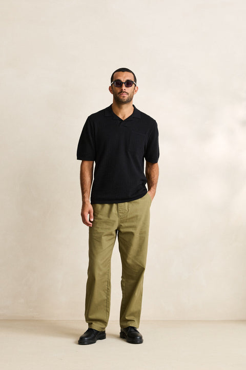 RHYTHM Textured Knit Johnny Polo Black