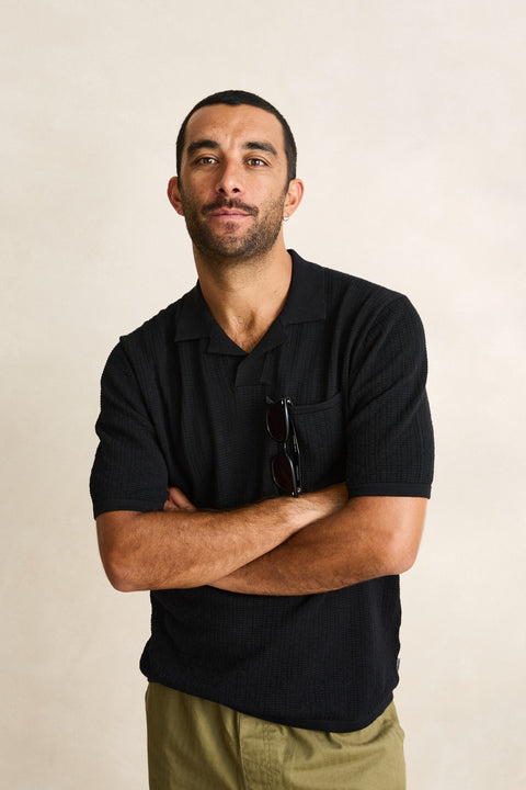 RHYTHM Textured Knit Johnny Polo Black