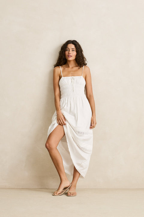 RHYTHM - Broderie Lace Gathered Midi Dress White
