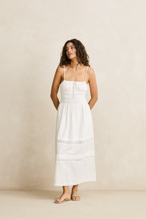 RHYTHM - Broderie Lace Gathered Midi Dress White