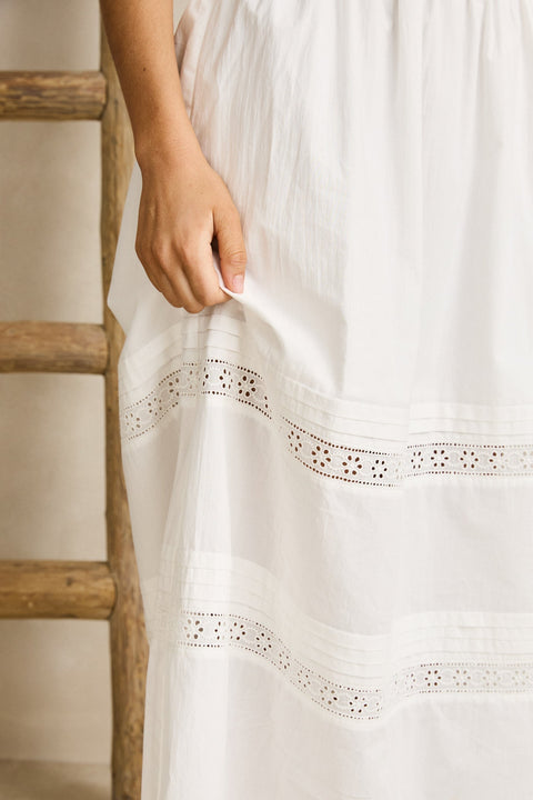 RHYTHM - Broderie Lace Gathered Midi Dress White