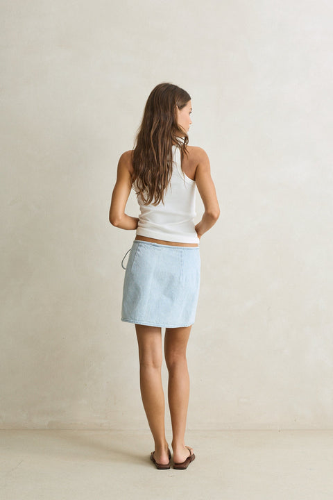 RHYTHM Denim Wrap Mini Skirt Light Wash